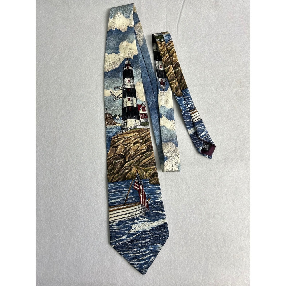 Nautical Americana Tango by Max Raab Mens OS Lighthouse‎ Silk Harbor Light Tie